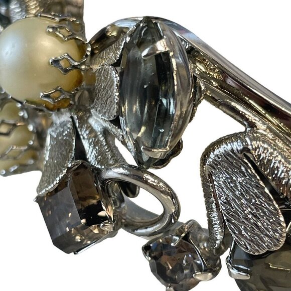 Vintage Silver-Tone Bracelet with Faux Pearls & Smoky Quartz Crystals Statement - Picture 7 of 15